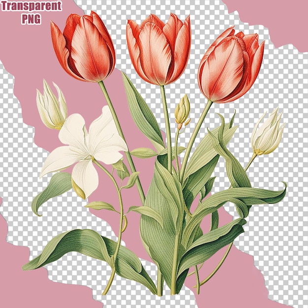 PSD bouquet de fleurs esthétiques et colorées avec des illustrations détaillées sur fond transparent
