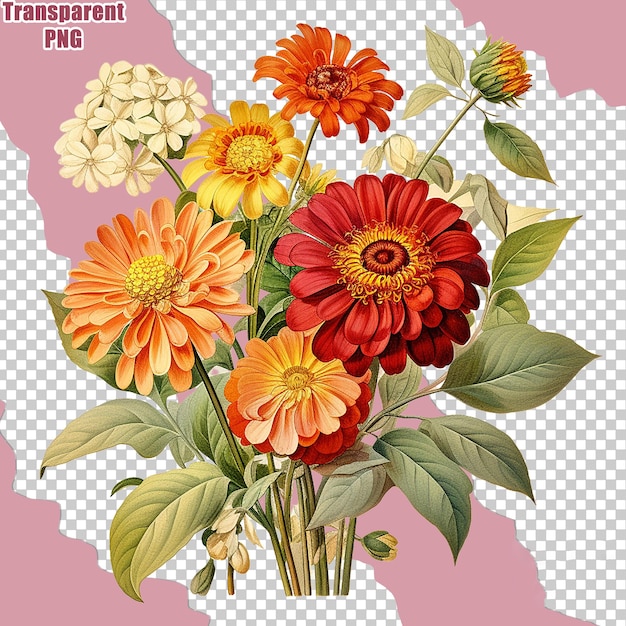 Bouquet de fleurs esthétiques et colorées avec des illustrations détaillées sur fond transparent