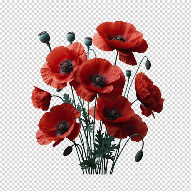 PSD un bouquet de fleurs rouges avec les mots coquelicots sur le fond