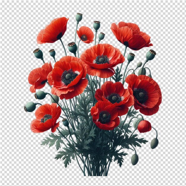 PSD un bouquet de fleurs rouges avec les mots poppies dessus