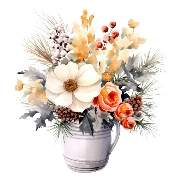 PSD bouquet de fleurs vase thème d'hiver aquarelle peinture art design botanique floral élégant