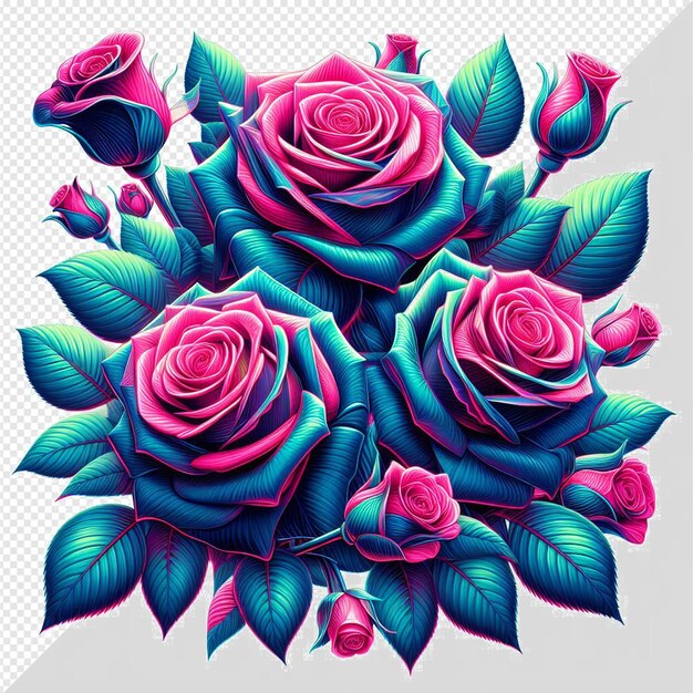 PSD bouquet hyperréaliste de roses colorées dessin d'illustration florale fond transparent isolé