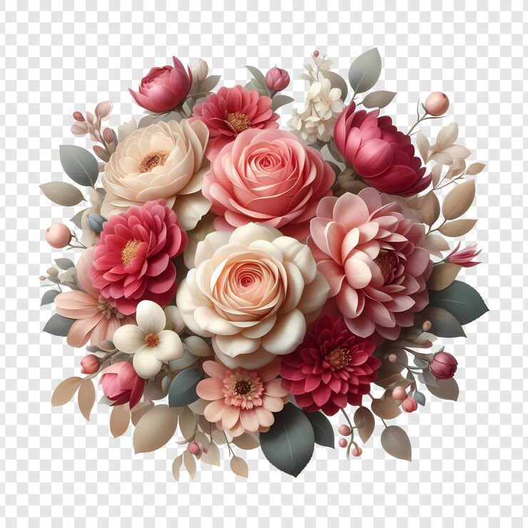 PSD bouquet de mariage luxueux avec une variété de belles fleurs isolées sur un fond transparent