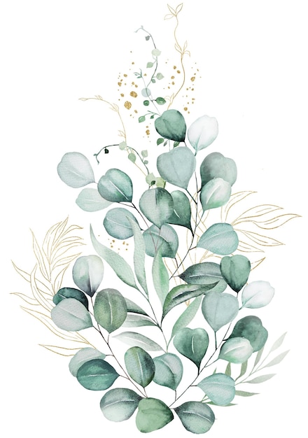 Bouquet mit grünen und goldenen Aquarellen Eukalyptusblättern Pastell Hochzeit isolierte Illustration