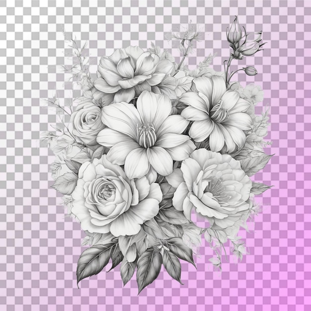 PSD bouquet of different flower tattoo line art transparent background