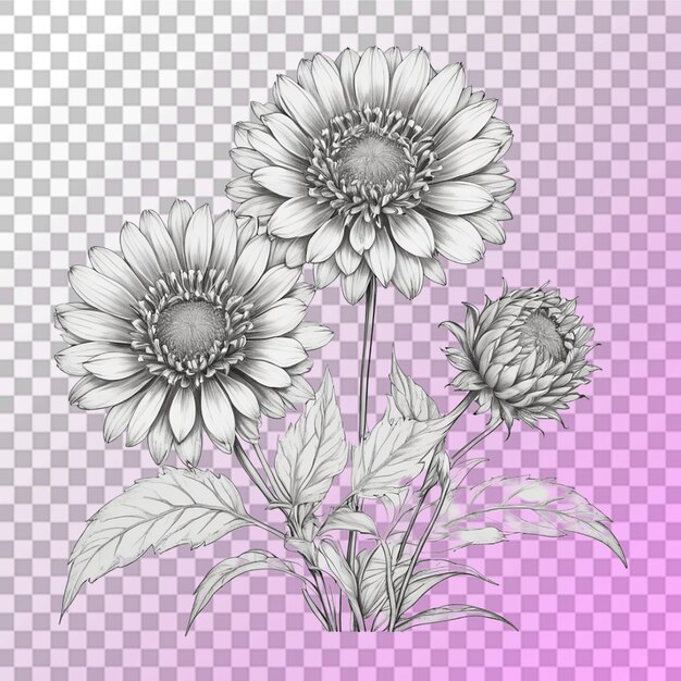 PSD bouquet of different flower tattoo line art transparent background