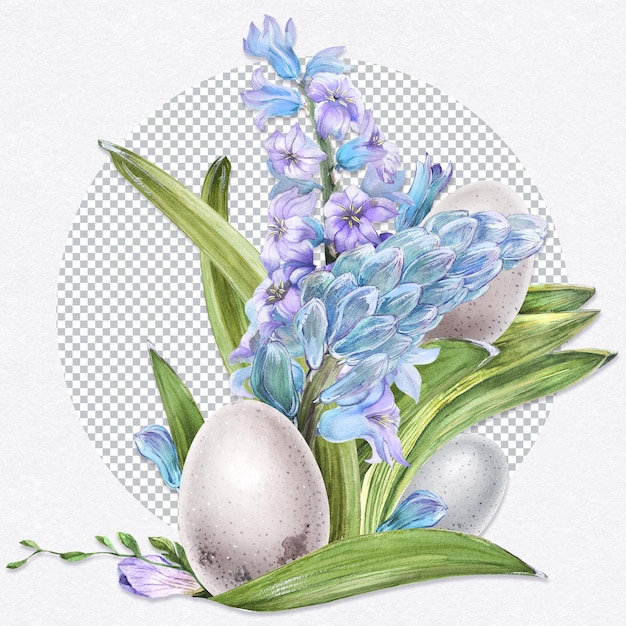 Bouquet De Pâques De Fleurs Et D'oeufs De Jacinthe Bleue Illustration Florale Aquarelle Botanique