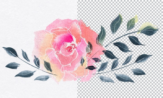 PSD bouquet de roses. composition florale à l'aquarelle de fleurs et de branches roses