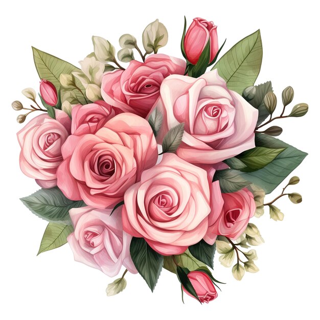 PSD bouquet de roses roses avec des feuilles vertes image générée par l'ia