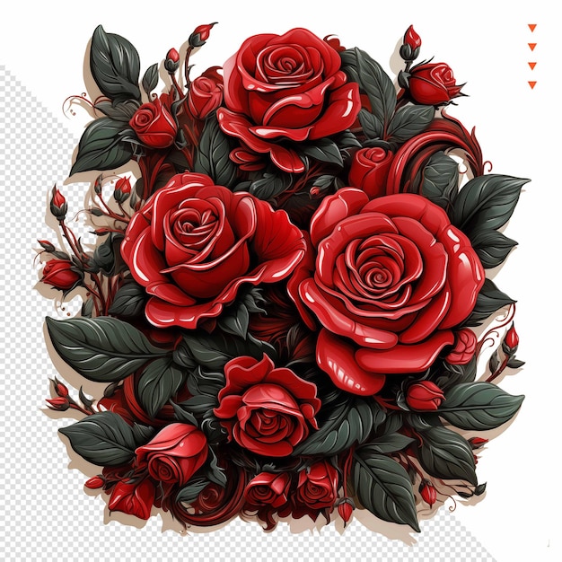 PSD un bouquet de roses rouges avec des feuilles vertes et des roses rousses