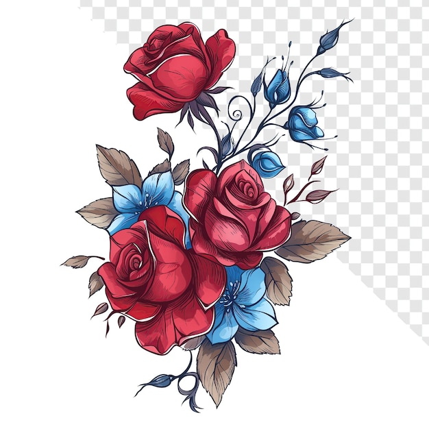 PSD bouquet de roses rouges et de violettes bleues illustré sur un fond transparent