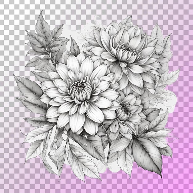 PSD bouquet verschiedener blumen-tattoo-linienkunst mit durchsichtigem hintergrund