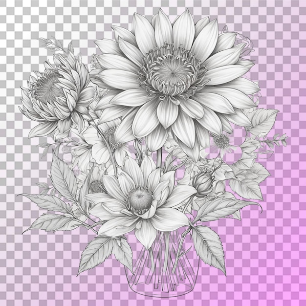 Bouquet verschiedener blumen-tattoo-linienkunst mit durchsichtigem hintergrund