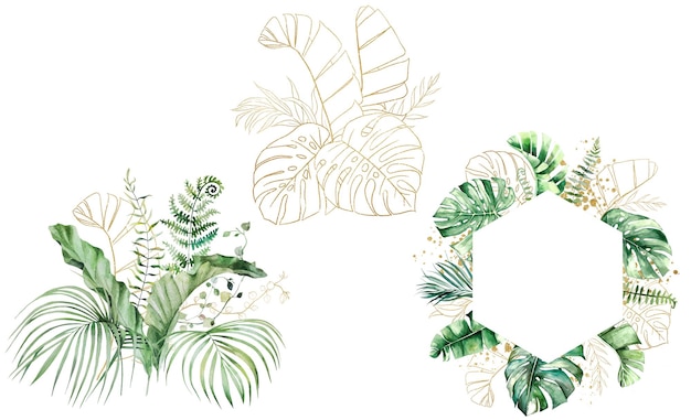 Bouquets avec de l'aquarelle verte monstera de palmier et des feuilles de banane tropicales Illustration isolée de mariage