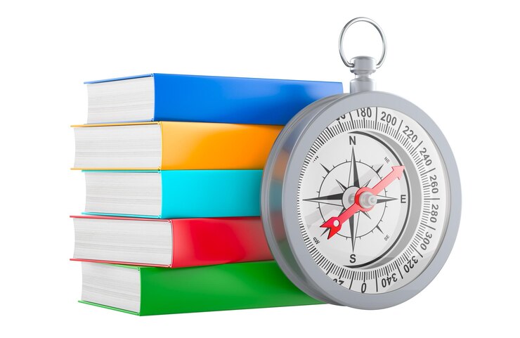 PSD boussole avec pile de livres rendu 3d isolé sur fond transparent