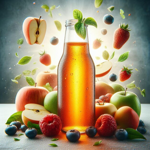 PSD bouteille d'art vectoriel hyperréaliste de verre de jus de pomme isolé sur fond blanc illustration fixe