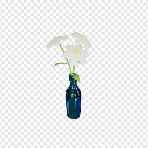 Une bouteille bleue avec des fleurs dedans et le mot lys dans la bouteelle bleue