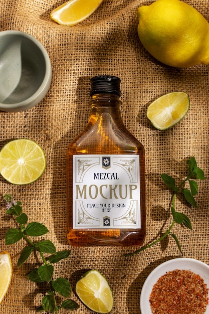 Bouteille de boisson mezcal aux citrons verts
