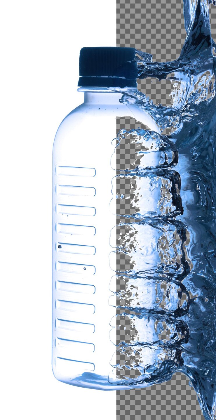 Bouteille Container cosmétique tomber dans l'eau claire avec bulle d'air Container de traitement cosmétique chuter à l'eau clair de fraîcheur Fond blanc élément de congélation isolé