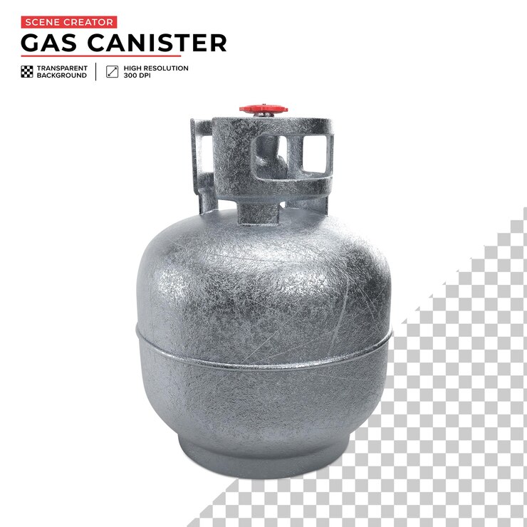 PSD une bouteille de gaz en fer grattée et vieille et métallique avec une soupape rouge en arrière-plan