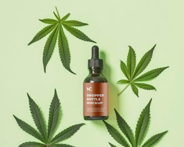 Une bouteille d'huile de CBD entourée de feuilles de cannabis