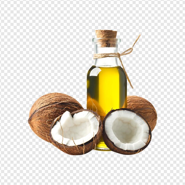 Bouteille d'huile de coco avec de la noix de coco isolée sur un fond transparent par IA générative