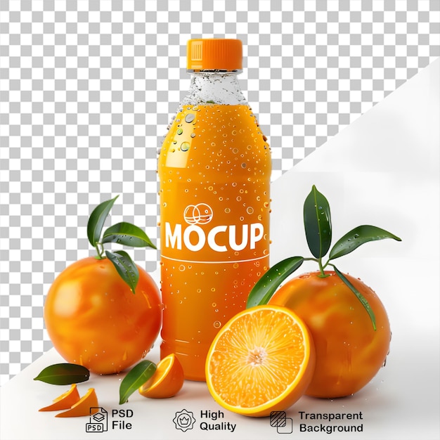 PSD une bouteille de mockup de jus d'orange sont affichées sur un fond transparent