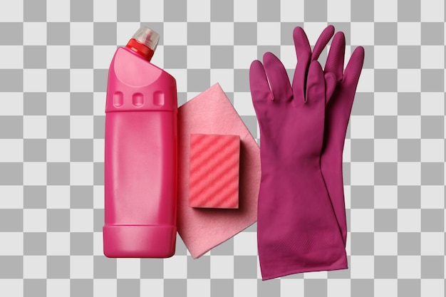 Bouteille de nettoyage de printemps de gants de détergent et de chiffons de nettoyages isolés sur fond blanc vue de haut PNG
