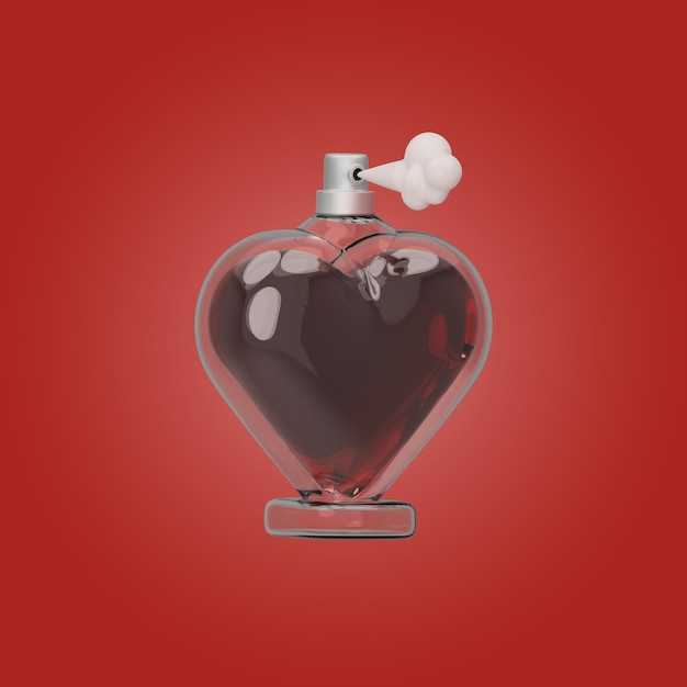 Bouteille de parfum en forme de cœur sur fond rouge