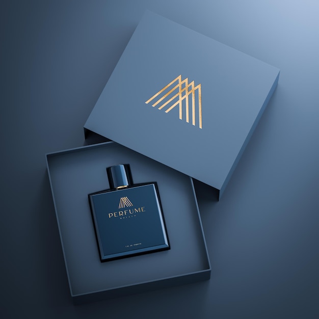 Bouteille de parfum de luxe marine et maquette de logo de boîte sur fond abstrait marine rendu 3d