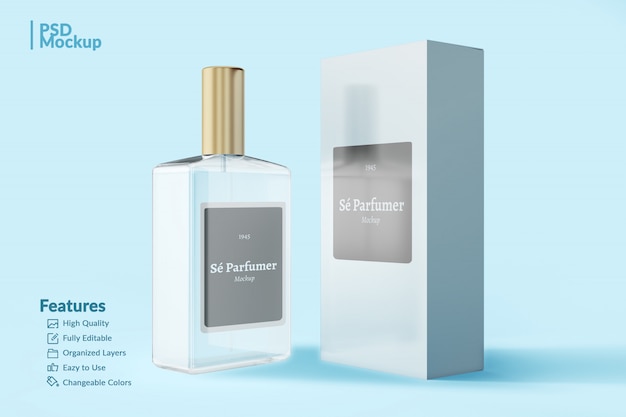 PSD bouteille de parfum de marque et maquette modifiable de boîte