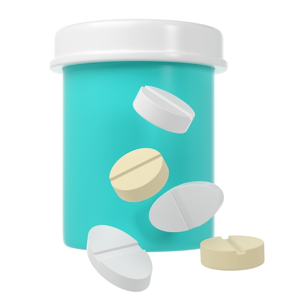 PSD bouteille de pilules 3d icône médicale pilules de pharmacie rendent pot de supplément en plastique turquoise vitamine protéique