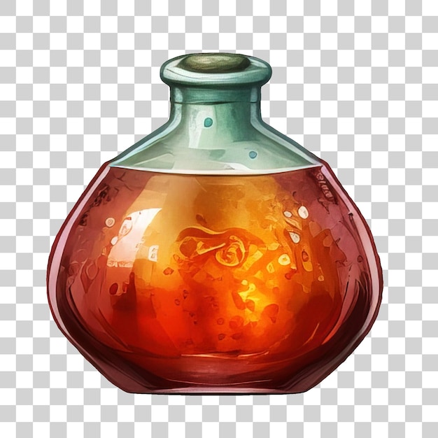 PSD bouteille de potion avec flacon en verre de dessin animé d'élixir magique avec liquide rougeoyant coloré et bouchons en liège