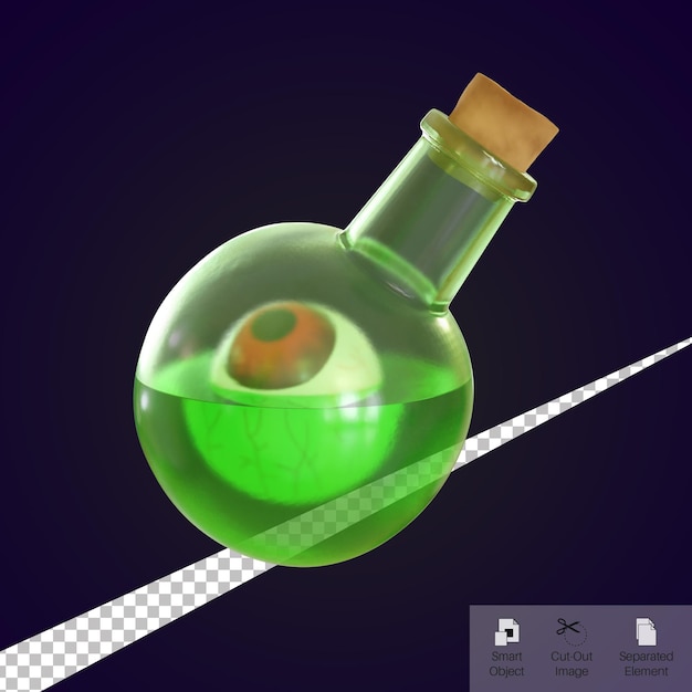 PSD bouteille de potion verte de rendu 3d avec globe oculaire