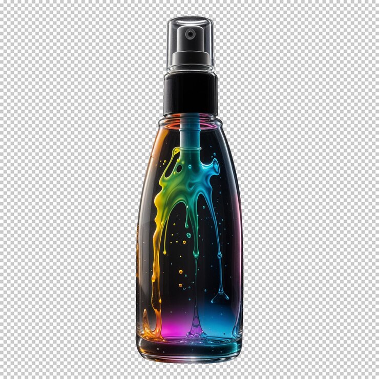 PSD bouteille à pulvérisation mockup marque cosmétique avec dessin en verre vibrant coloré bouteille png