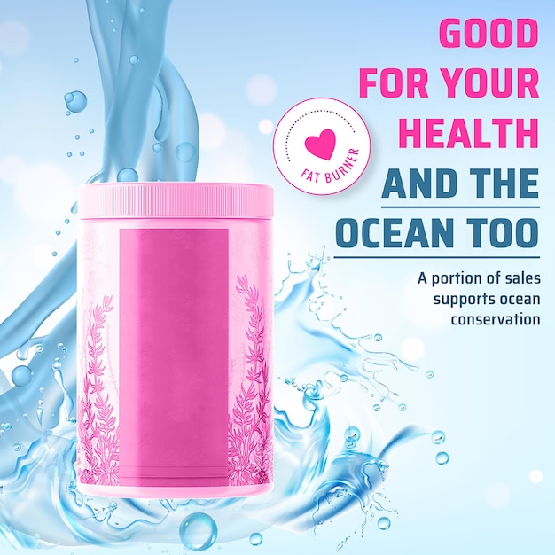 une bouteille rose d'eau d'océan avec les mots bon pour votre conception d'affiche de santé