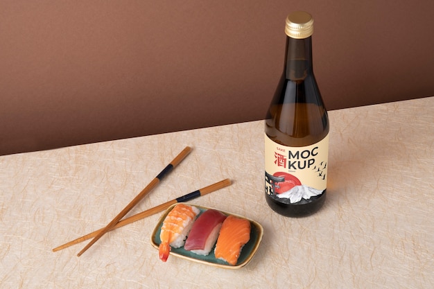 PSD bouteille de saké japonais avec sushi