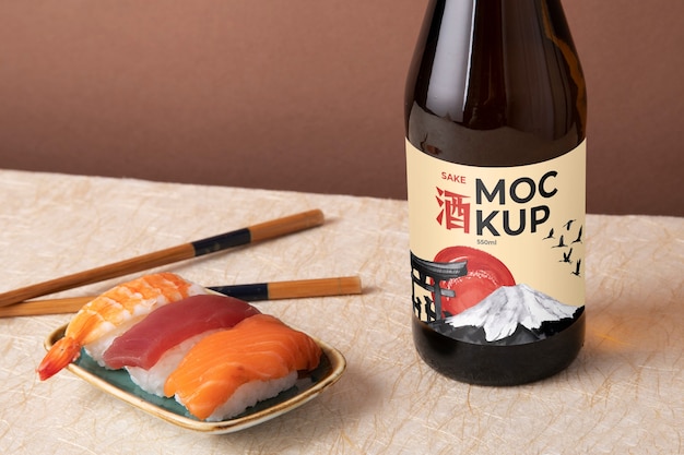 PSD bouteille de saké japonais avec sushi
