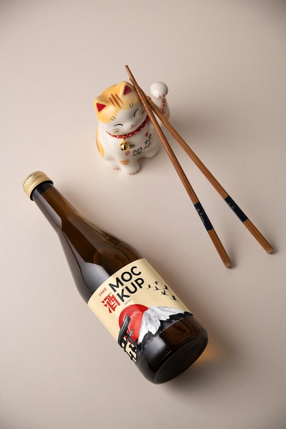 PSD bouteille de saké japonaise avec figurine de chat porte-bonheur