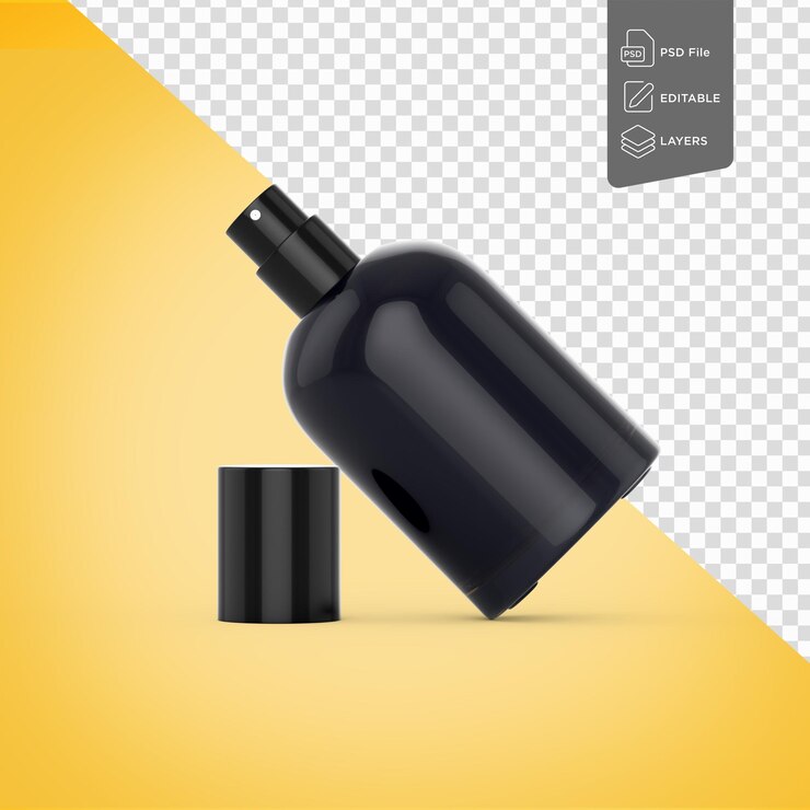 PSD bouteille de spray de parfum noir brillant ouverte avec bouchon isolé sur fond jaune vif illustration 3d