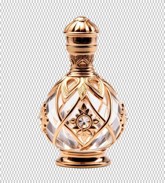 PSD bouteille de verre de parfum de luxe en or isolée sur un fond transparent