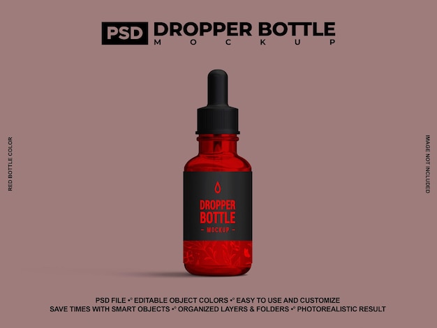 PSD bouteille de verre rouge avec des huiles essentielles et goutte-à-goutte 3d render psd mockup pour le marquage