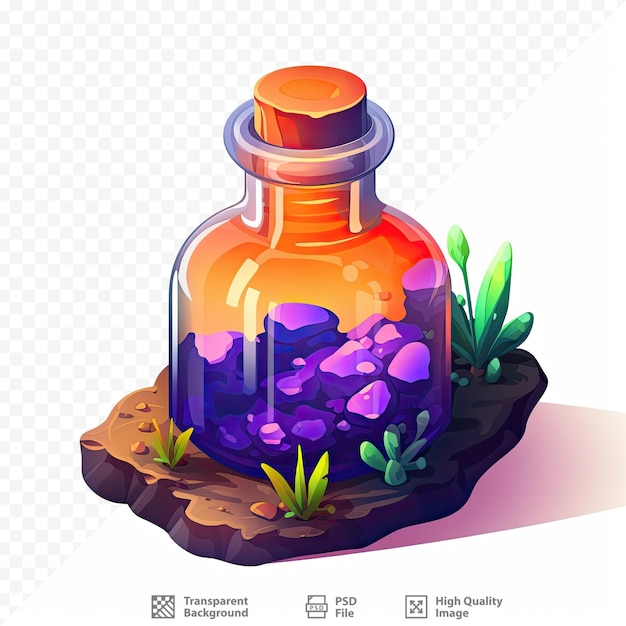 PSD une bouteille de verre violet avec une plante violette et verte et des roches violettes.