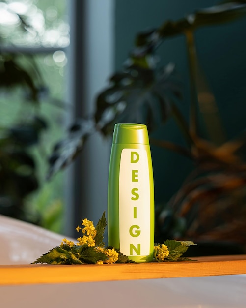 PSD une bouteille verte avec le mot design dessus