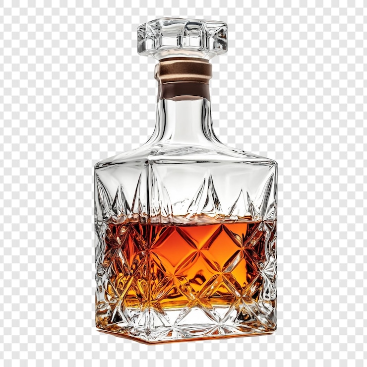 PSD une bouteille de whisky avec un couvercle en verre et un verre de whisky sur un fond transparent