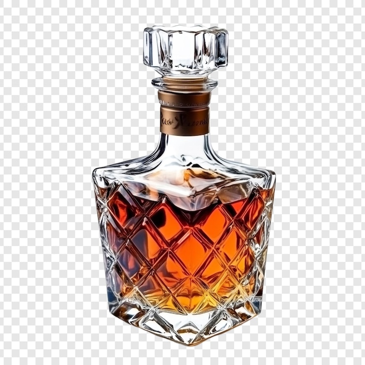 PSD une bouteille de whisky avec un verre clair sur un fond transparent