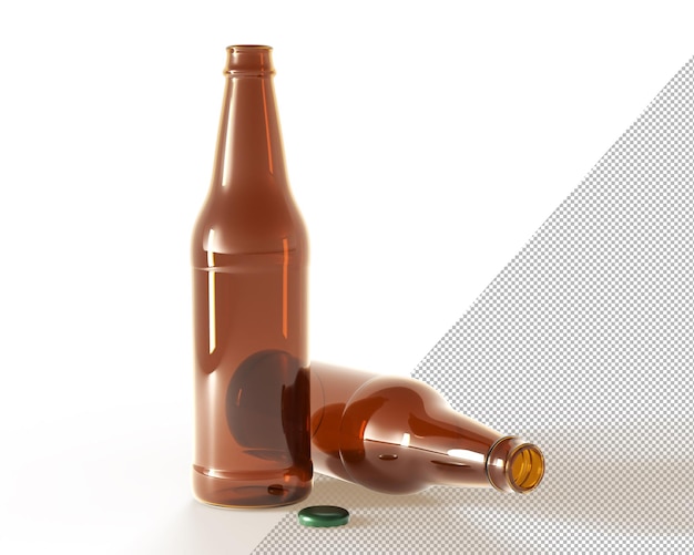 Bouteilles de bière vue de face et couché rendu 3D Flacons en verre brun blanc avec bouchon en métal vert ouvert isolé sur fond blanc Maquette réaliste pour la publicité des boissons alcoolisées Illustration 3D