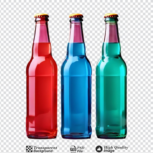 PSD bouteilles avec des boissons colorées et des étiquettes blanches maquettes isolées sur un fond transparent