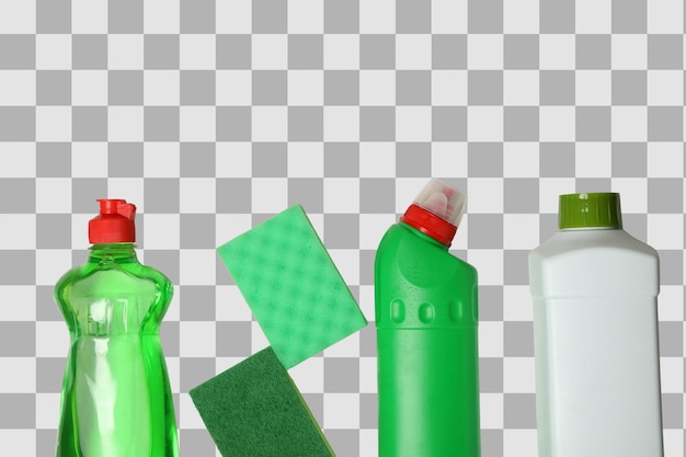 Bouteilles de détergent de nettoyage de printemps et éponges isolées sur un fond blanc espace de vue supérieure pour le texte PNG