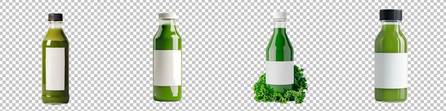 PSD bouteilles de jus verts avec du chou isolé sur un fond transparent